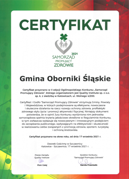 Certyfikat dla Gminy Oborniki Śląskie "Samorząd Promujący Zdrowie"