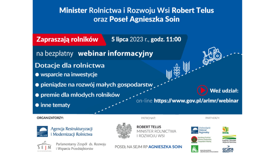 Plakat informujący o webinarze dla rolników