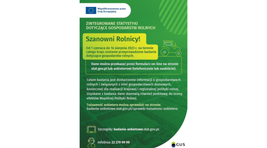 Plakat informujący rolników, że od 1 czerwca do 14 sierpnia 2023 roku zostanie przeprowadzone badanie dotyczące gospodarst rolnych.